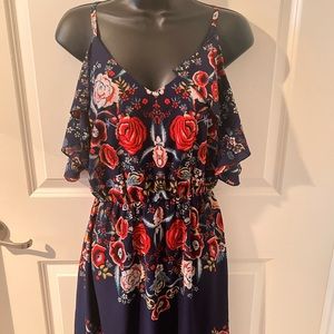 Francesca’s Floral Blue Cold Shoulder Maxi Dress, Size S